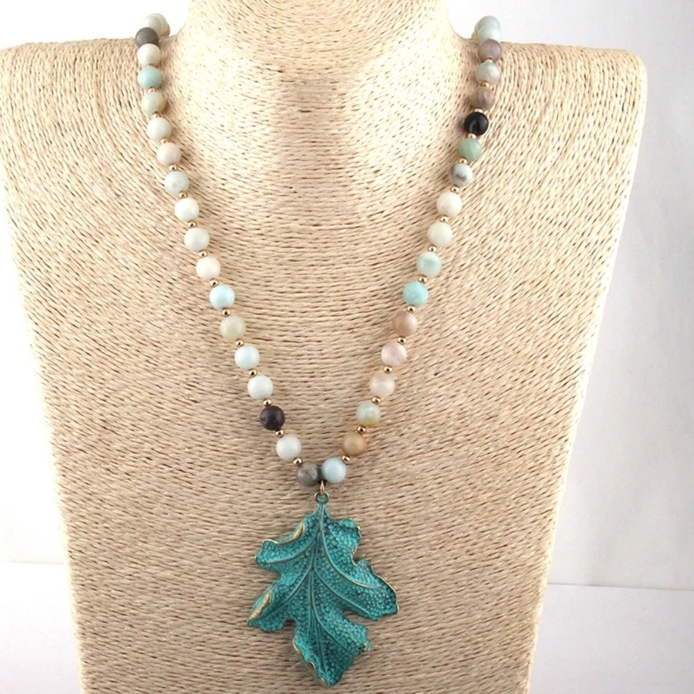 Fashion Amazonite Stone Bead Metal Blue leaf Penda